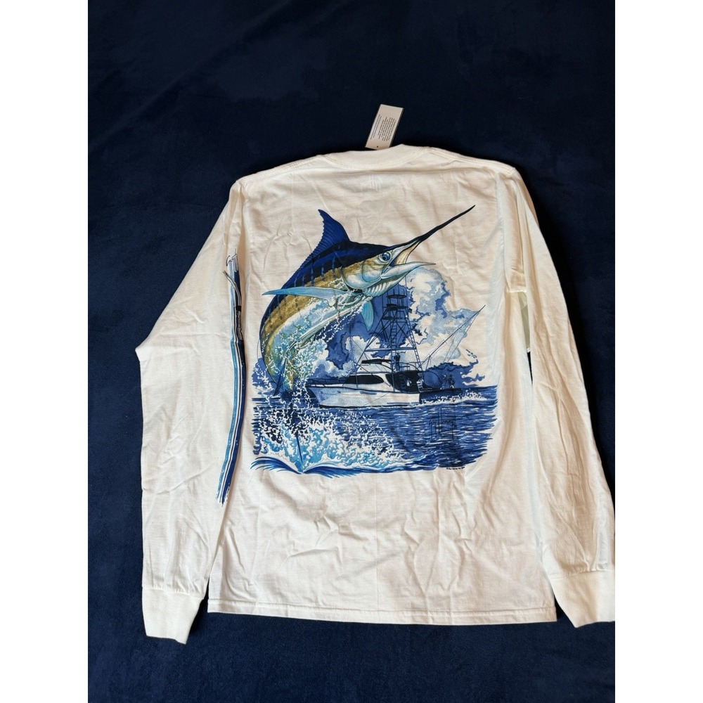 Guy Harvey Mens Long Sleeve Fishing Sun Shirt White Cotton Marlin Graphic Small